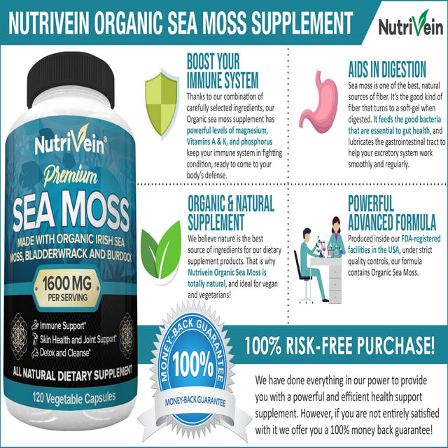 Nutrivein Organic Sea Moss 1600Mg - 120 Capsules - Keto Detox, Gut, Joint Support