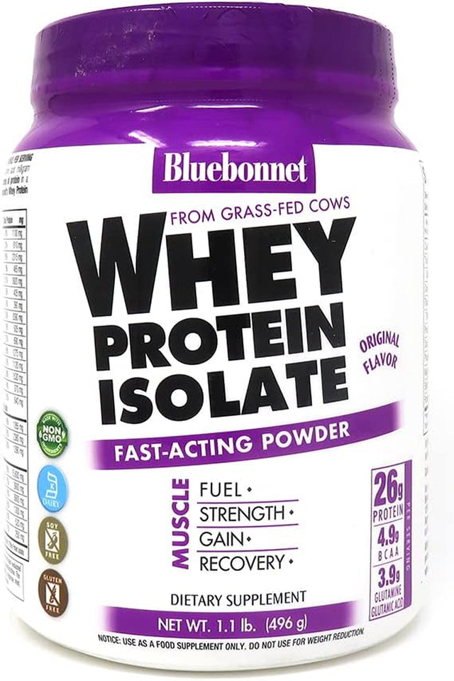 Bluebonnet Nutrition Whey Protein Isolate Powder from Grass Fed Cows, No Sugar Added, Gluten & Soy Free, Kosher Dairy, 17.6 Oz