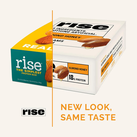 Rise Whey Protein Bars - Almond Honey | Healthy Breakfast Bar & Protein Snacks, 20G Protein, 4G Fiber, Just 3 Whole Food Ingredients, Non-Gmo Healthy Snacks, Gluten-Free, Soy Free Bar, 12 Pack