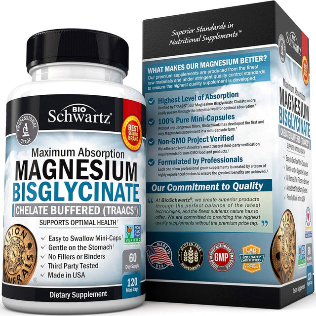 Bioschwartz Magnesium Bisglycinate 100% | Maximum Absorption | Health and Muscle Support | 120 Ct