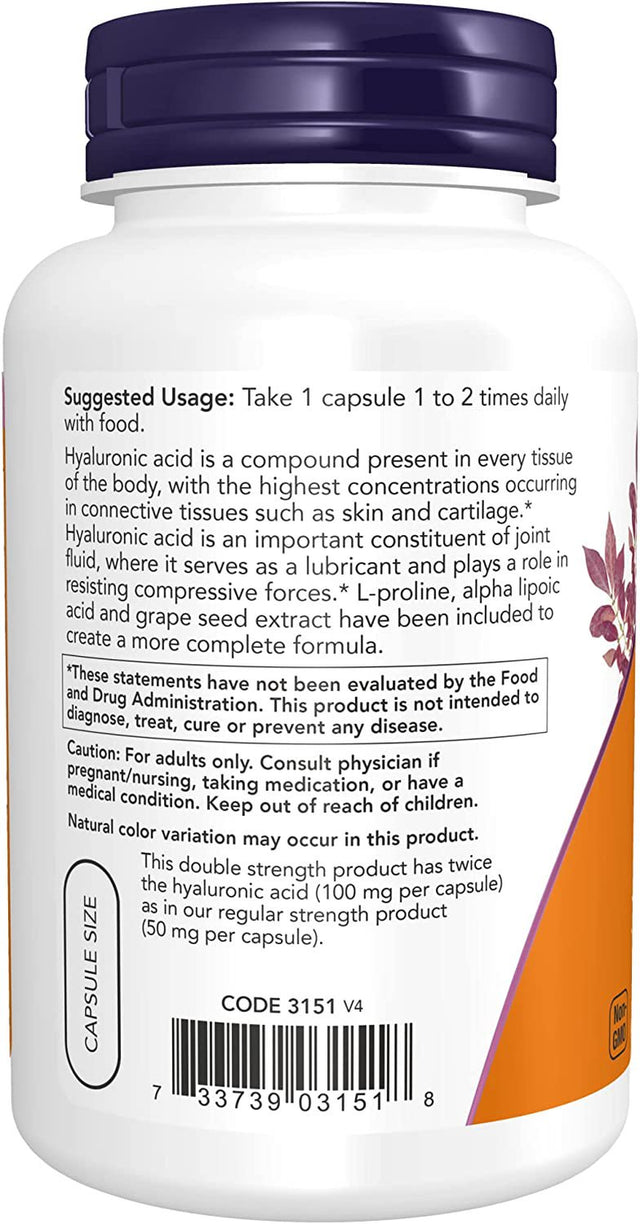 NOW Supplements, Hyaluronic Acid 100 Mg, Double Strength with L-Proline, Alpha Lipoic Acid and Grape Seed Extract, 120 Veg Capsules