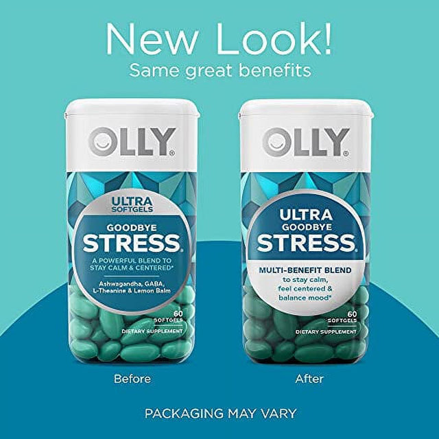 OLLY Ultra Strength Goodbye Stress Softgels, GABA, Ashwagandha, L-Theanine and Lemon Balm, Stress Relief Supplement - 60 Count (Packaging May Vary)