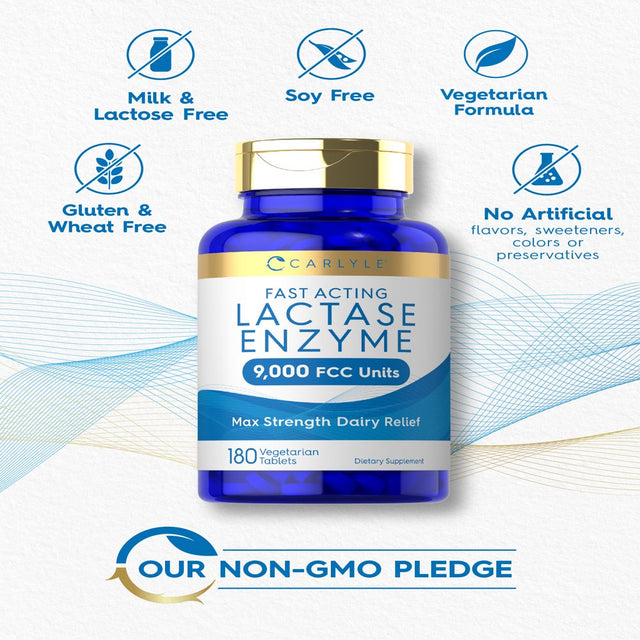 Fast Acting Lactase Enzyme Pills | 9000 FCC | 180 Tablets | Dairy Relief Supplement | by Carlyle