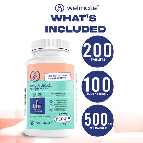 Welmate Daily Probiotic Supplement, Saccharomyces Boulardii 500 Mg, 10 Billion CFU, 200 Veg Capsules