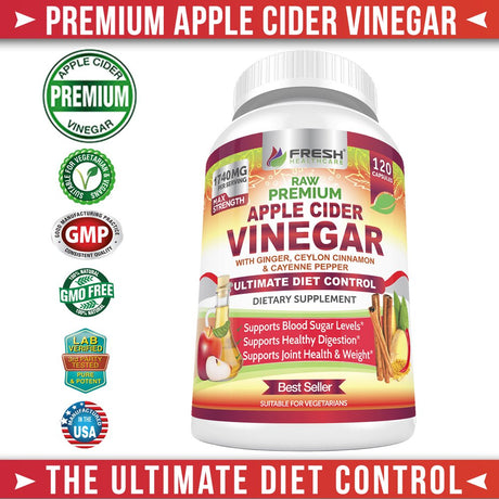 Premium Apple Cider Vinegar Pills Max 1740Mg with Mother - 100% Natural & Raw with Cinnamon, Ginger & Cayenne Pepper - Ideal for Healthy Blood Sugar, Detox & Digestion-120 Vegan Capsules