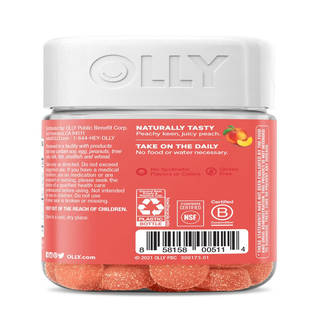 OLLY Probiotic + Prebiotic Gummy, Digestive Support and Gut Health, 500 Million Cfus, Fiber, Adult Chewable Supplement for Men and Women, Peach, 30 Day Supply - 30 Count