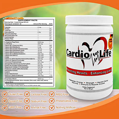 Cardio for Life L-Arginine Powder 16Oz - Orange - Natural Nitric Oxide Supplement for Cardiovascular Health - Regulate Cholesterol & Blood Pressure - Increase Energy