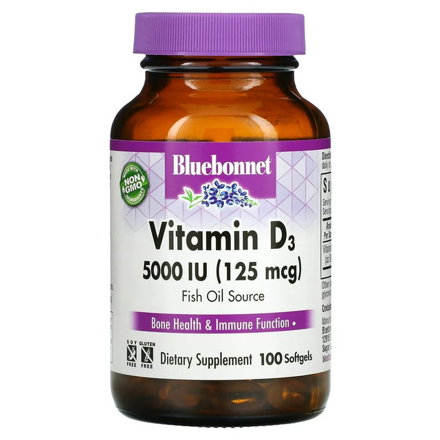 Bluebonnet Nutrition Vitamin D3, 125 Mcg (5,000 IU), 100 Softgels