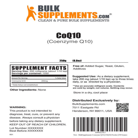 Bulksupplements.Com Coenzyme Q10 (Coq10) Powder - Co Q10 Nutritional Supplement - Heart Supplement - Raw Co Q10 (250 Grams -8.8 Oz)