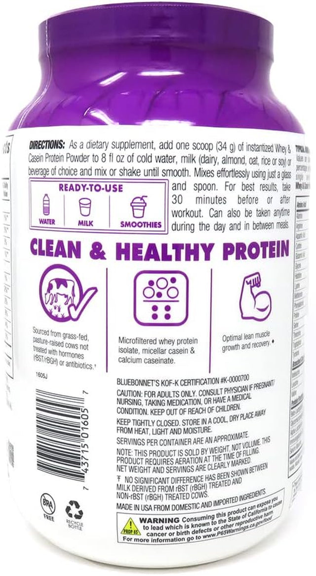 Bluebonnet Nutrition Whey & Casein Protein Powder, Whey from Grass Fed Cows, 26 Grams of Protein, No Sugar Added, Non GMO, Gluten Free, Soy Free, Kosher, 2.1 Lbs, 28 Serving, French Vanilla Flavor