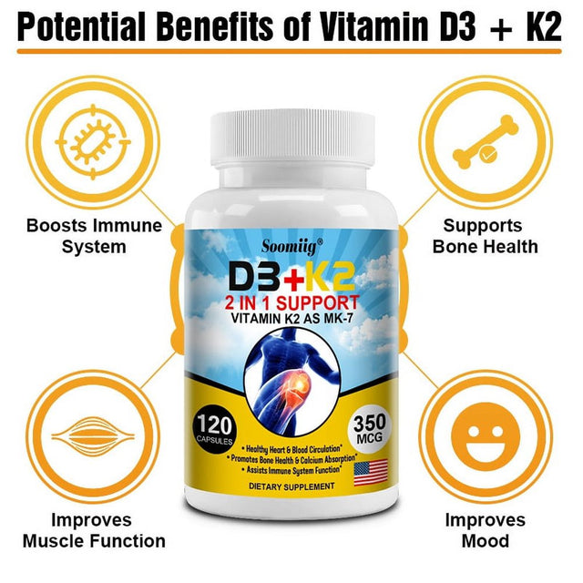 Soomiig D3+K2 Supplement 2-In-1 Supports Vitamin K2 as MK-7 to Support Heart, Blood Circulation, Bones, Colon Absorption