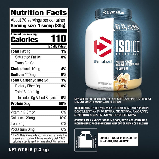 Dymatize ISO 100 Protein Powder with 25G of Hydrolyzed 100% Whey Isolate, Vanilla 5 Pound, Package May Vary