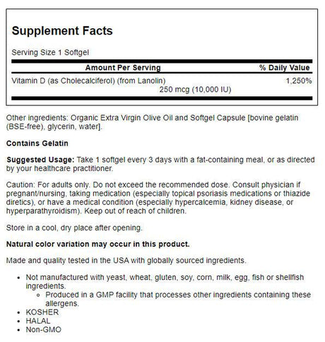 NOW Supplements, Vitamin D-3 10,000 IU, Highest Potency, Structural Support*, 120 Softgels