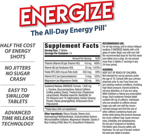 Energize Caffeine Pills - Fast Acting Energy Pill - Healthy Focus Brain Supplement - Improved Performance, Alertness, and Clarity - All Day Energy, No Jitters, No Crash - 28 Time Released Tablets