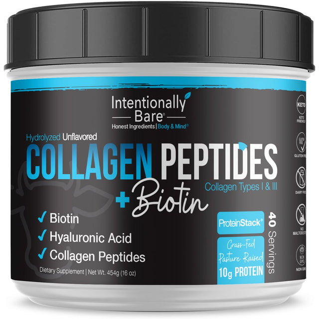 Intentionally Bare Collagen Peptides – Biotin, Hyaluronic Acid, Vitamin C, Zinc – Anti-Aging, Keto, Paleo - 10G Protein, Zero Carbs - Grass-Fed, Pasture Raised, Dairy Free – Unflavored - 40 Servings