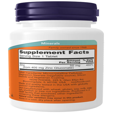 NOW Supplements, Zinc (Zinc Gluconate) 50 Mg, Supports Enzyme Functions*, Immune Support*, 100 Tablets