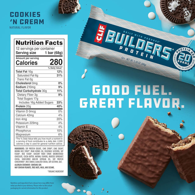 CLIF Builders - Cookies 'N Cream Flavor - Protein Bars - Gluten-Free - Non-Gmo - Low Glycemic - 20G Protein - 2.4 Oz. (12 Count)