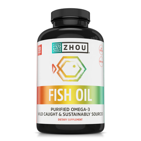 Zhou Nutrition Fish Oil, Max Strength Omega 3 Fatty Acids, 1250 Mg with EPA and DHA, Purified, Sustainably Sourced Fish Oil, Heart, Joint and Brain Health Formula, Burpless Softgels, 120 Servings