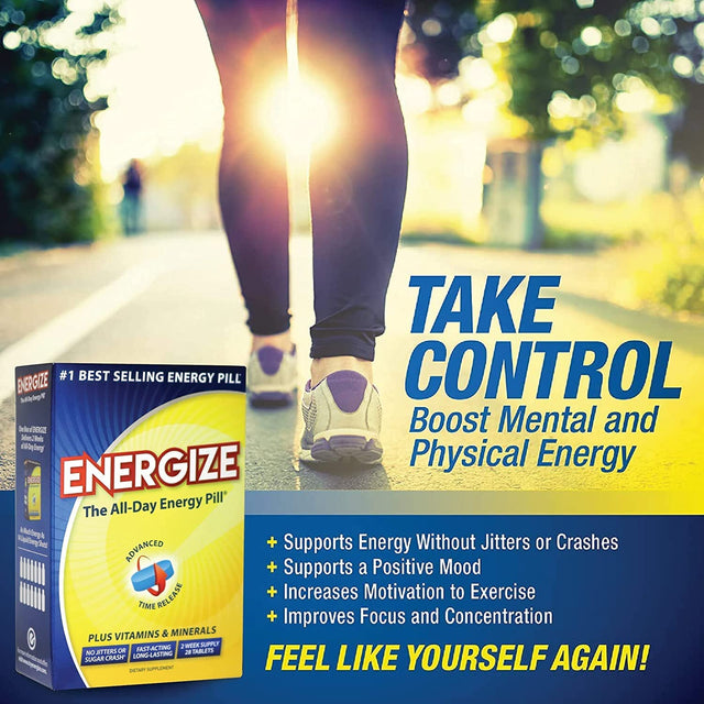 Energize Caffeine Pills - Fast Acting Energy Pill - Healthy Focus Brain Supplement - Improved Performance, Alertness, and Clarity - All Day Energy, No Jitters, No Crash - 28 Time Released Tablets