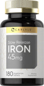 Slow Release Iron 45 Mg | 180 Tablets | Vegetarian Formula | Ferrous Sulfate | by Carlyle