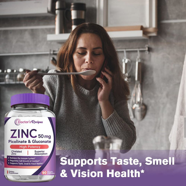 Doctor S Recipes Zinc Capsules 50 Mg from Highly Absorbable Zinc Picolinate & Gluconate, Supports Natural Immune Defense, DNA & Protein Formation, Cell Growth, Non-Gmo No Dairy 90 Veggie Caps