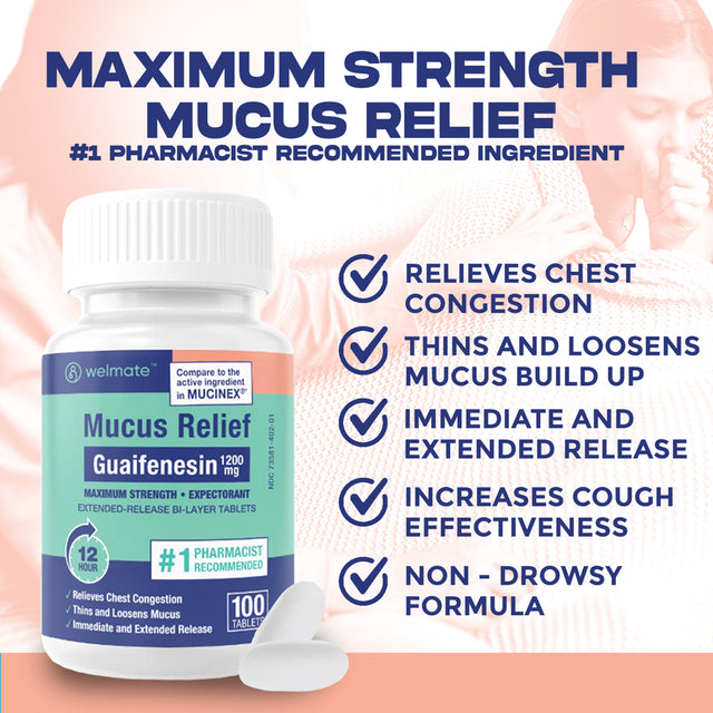 Welmate Mucus Relief - Guaifenesin 1200 Mg Maximum Strength - 100 Count Extended-Release Tablets