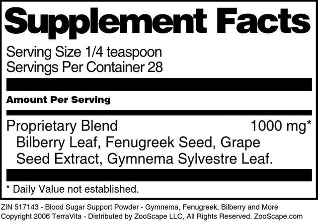 Terravita Blood Sugar Support Powder - Gymnema, Fenugreek, Bilberry and More, (1 Oz, 1-Pack, Zin: 517143)