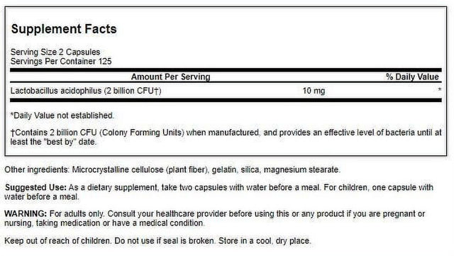 Swanson Lactobacillus Acidophilus - Probiotic Supplement Supporting Digestive Health with 1 Billion CFU per Capsule - Promotes Bowel and GI Tract Health - (250 Capsules)