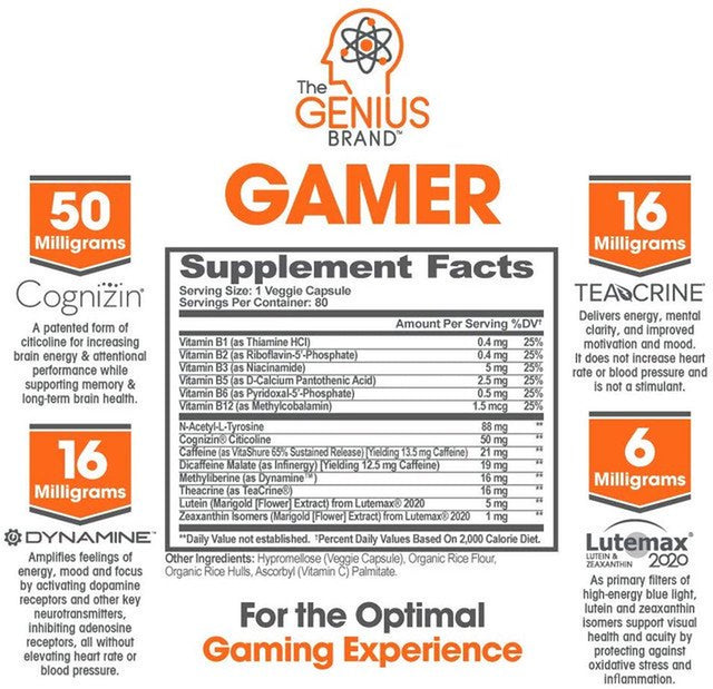 Gaming + Vision Focus Supplement Performance Booster for Brain & Mental Clarity, Reaction Time & Concentration, Genius Gamer by the Genius Brand