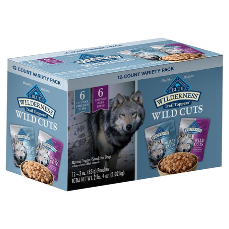 Blue Buffalo Wilderness Trail Toppers Wild Cuts High Protein Chunky Bites Beef & Chicken Wet Dog Food Variety Pack, Grain-Free, 3 Oz. Pouches (12 Pack)