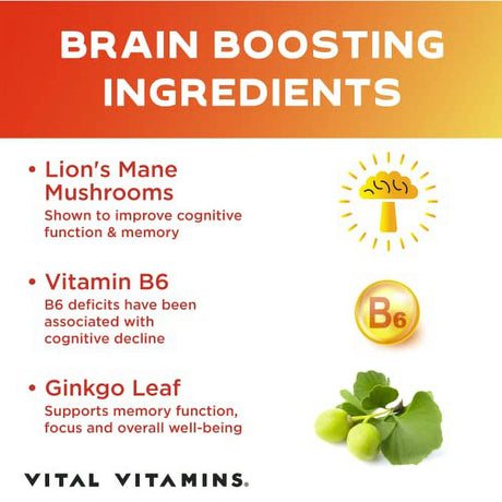 Vital Vitamins Brain Booster plus Â€“ Lion'S Mane Mushrooms - Brain Supplements for Memory & Focus Â€“ Nootropic Support Â€“ Memory & Energy Supplements for Brain Â€“ Clarity & Bra