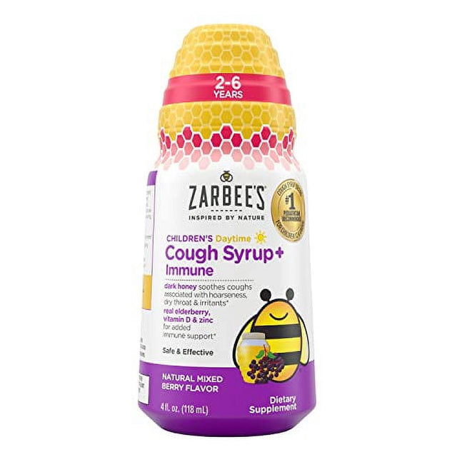 Zarbeeâ€™S Kids Cough + Immune Daytime for Children 2-6 with Dark Honey, Vitamin D & Zinc, #1 Pediatrician Recommended, Drug & Alcohol-Free, Mixed Berry Flavor, 4FL Oz