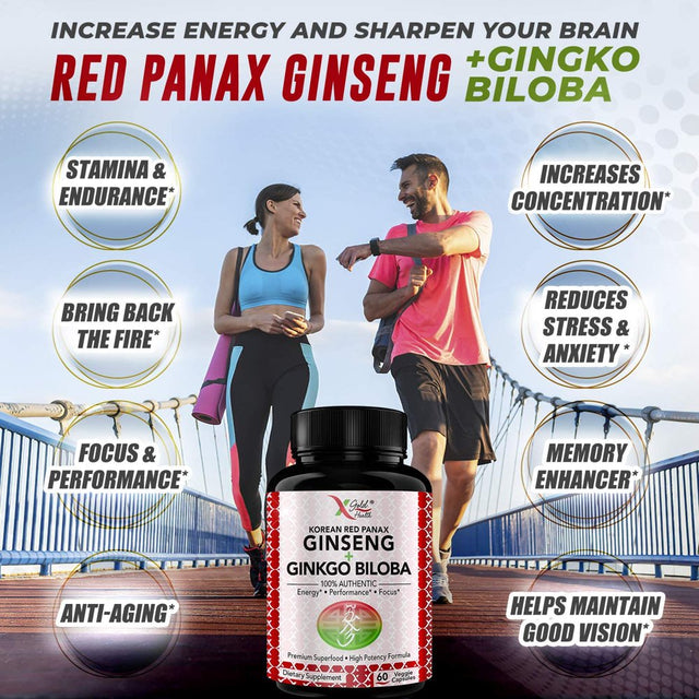 Korean Red Panax Ginseng 1200Mg + Ginkgo Biloba - Extra Strength Root Extract Powder Supplement W/High Ginsenosides Vegan Capsules for Energy, Performance & Focus Pills for Men & Women