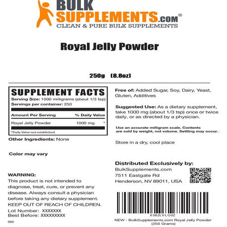 Bulksupplements.Com Royal Jelly Powder, 1000Mg - Brain & Immune Support Supplement (250G - 250 Servings)