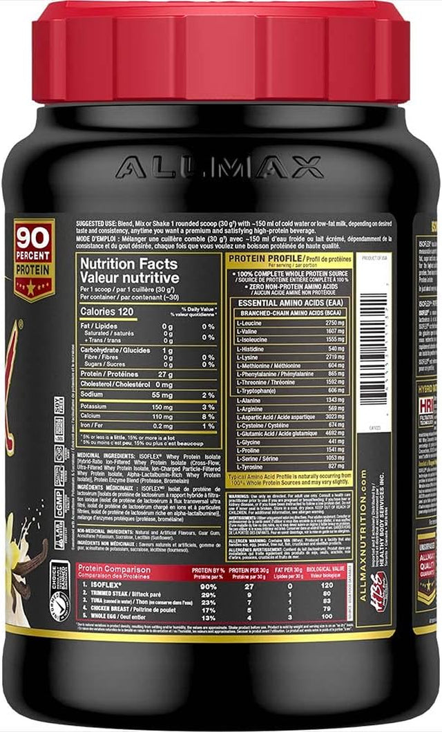 ALLMAX ISOFLEX Whey Protein Isolate, Vanilla - 2 Lb - 27 Grams of Protein per Scoop - Zero Fat & Sugar - 99% Lactose Free - Gluten Free & Soy Free - Approx. 30 Servings