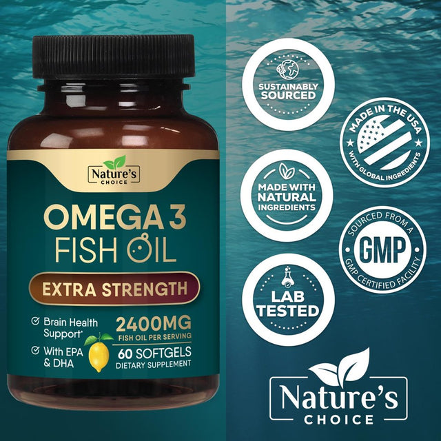 Triple Strength Omega 3 Fish Oil 2400 Mg Softgels, Nature'S Fish Oil Supplements, Brain & Heart Health Support - EPA & DHA, 1200 MG Fish Oil in Each Softgel, Omega-3 Supplement - 60 Fish Oil Softgels