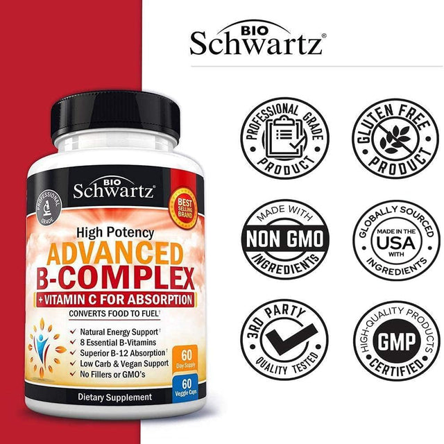 Bioschwartz Vitamin B-Complex Capsules with Vitamin C - Immunity and Nervous System Support | 60Ct