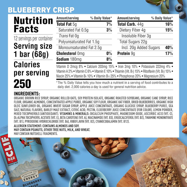 CLIF BARS - Energy Bars - Blueberry Almond Crisp - Made with Organic Oats - Plant Based Food - Vegetarian - Kosher (2.4 Ounce Protein Bars, 24 Count)