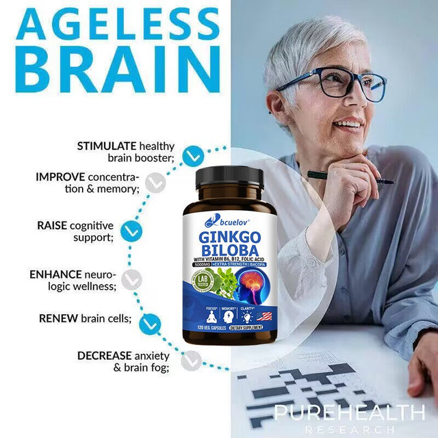 Ginkgo Biloba Supplement - with Vitamins B6 B12 - Standardized Extract 24% Ginkgo Flavonoid Glucosides 6% Terpene Lactones - Brain Memory Mental Clarity Alertness Energy Mood-120Capsules