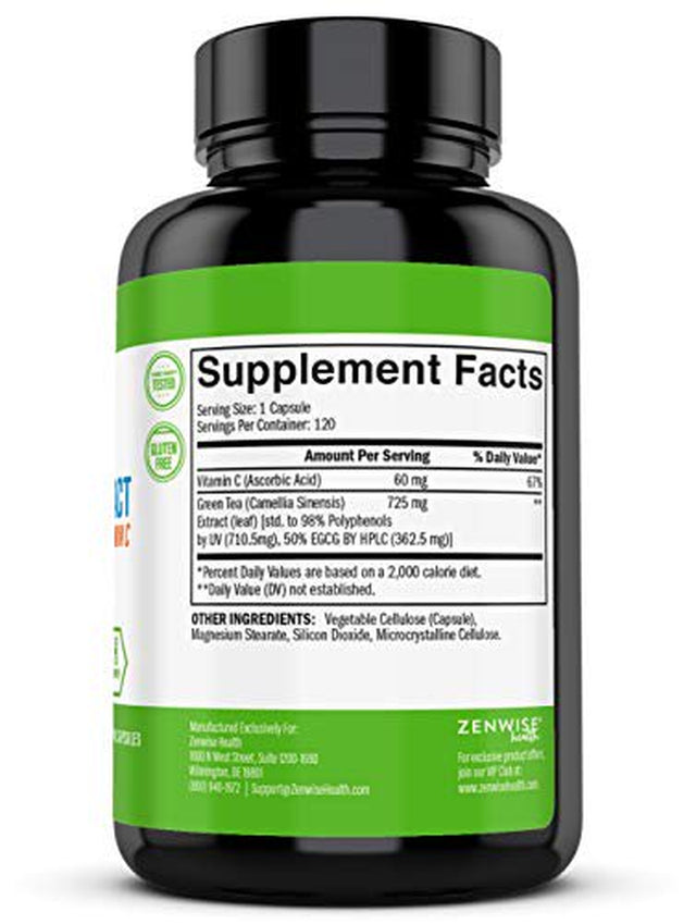 Zenwise Green Tea Extract with EGCG & Vitamin C - Antioxidant & Immune Supplement - Vegan Skin & Heart Support Brain Health & Memory Boost - 120 Count