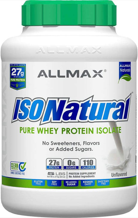 ALLMAX ISONATURAL Whey Protein Isolate, Unflavored - 5 Lb - 27 Grams of Protein per Scoop - Zero Fat & Sugar - 99% Lactose Free - with Prebiotics - No Artificial Flavors - Approx. 78 Servings