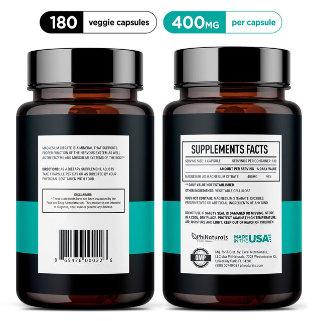 Magnesium Citrate 400Mg Supplement 180 Capsules by Phi Naturals