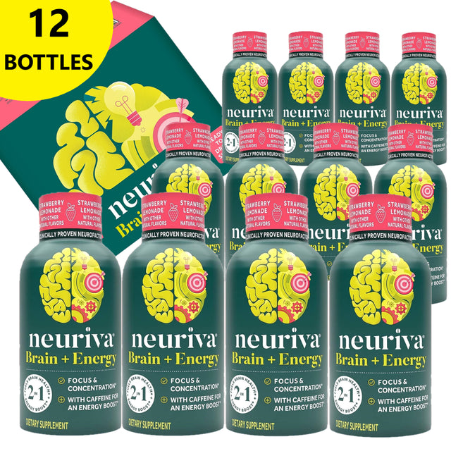 NEURIVA Brain + Energy 12 Bottles Supplement with Clinically Tested Neurofactor for Focus & Concentration Vitamin B12 Immediate Energy Boost (12 Bottles X 2 Fl Oz) *EN