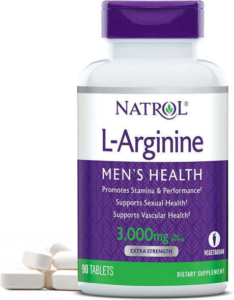 Natrol L-Arginine Tablets, Promotes Stamina and Performance, Supports Sexual and Vascular Health, Contains Nitric Oxide with B Vitamin Complex, Amino Acid, Extra Strength, 3,000Mg, 90 Count