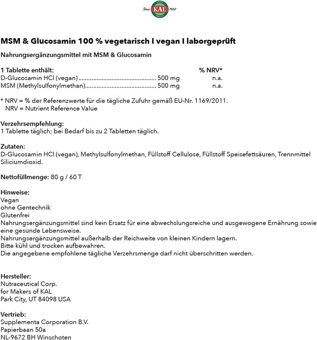 KAL 100% Vegetarian MSM and Glucosamine Tablet, 500 Mg, 60 Count