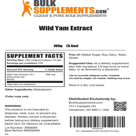 Bulksupplements.Com Wild Yam Extract Powder (100G - 250 Servings)