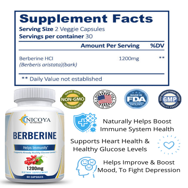 Premium Berberine HCL Extract 1200Mg, Healthy Cholesterol, Anti-Inflammatory 60 Capsule