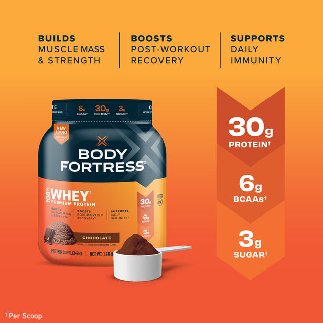 Body Fortress 100% Whey, Premium Protein Powder, Chocolate, 1.78Lbs (Packaging May Vary)