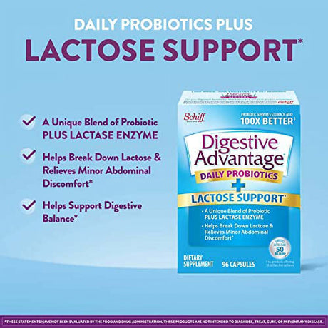 Digestive Advantage Lactose Defense with Lactase Enzymes & Probiotics for Digestive Health, Support for Breaking down Lactose, Minor Abdominal Discomfort & Gut Health, 96Ct Capsules