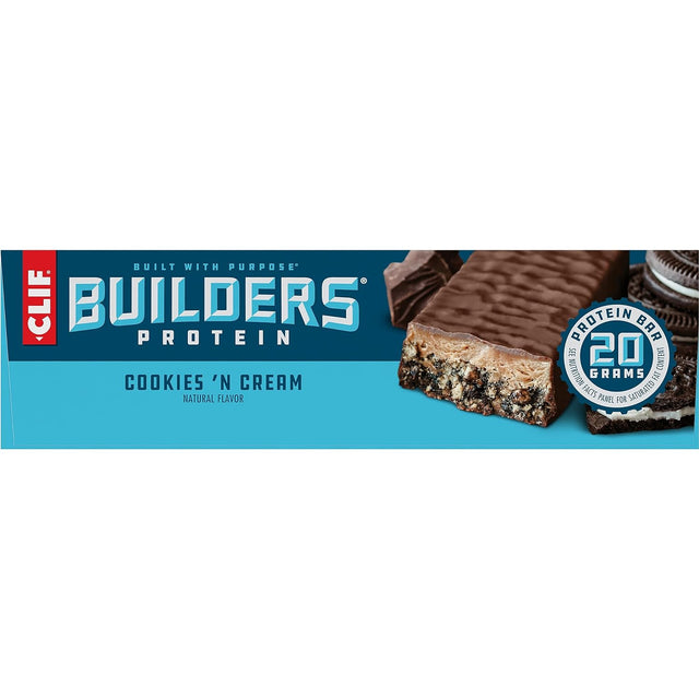 CLIF Builders - Cookies 'N Cream Flavor - Protein Bars - Gluten-Free - Non-Gmo - Low Glycemic - 20G Protein - 2.4 Oz. (12 Count)